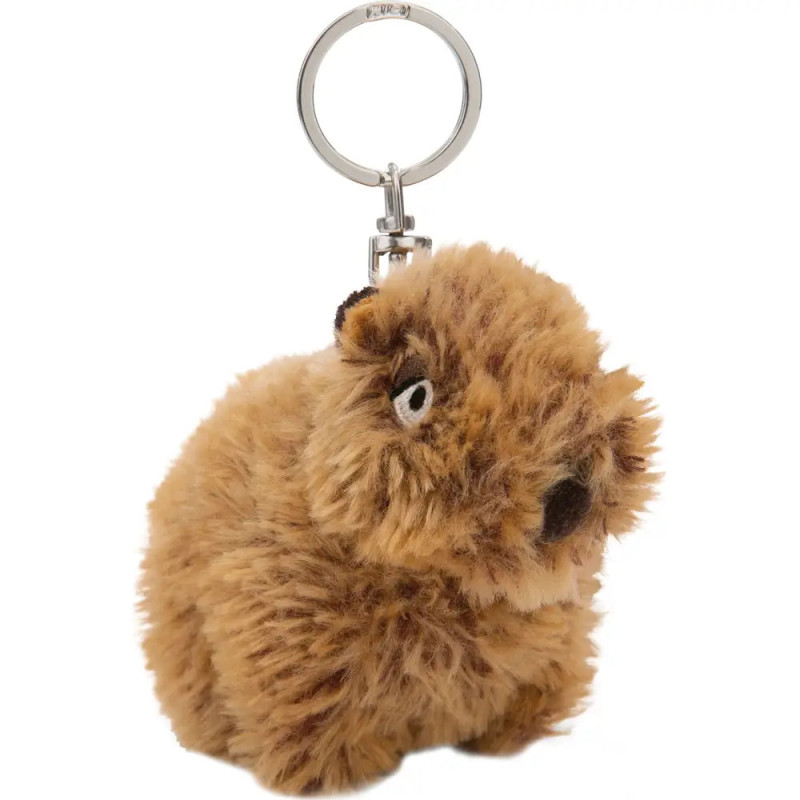 Ein flauschiger, brauner Capybara-Plüschanhänger mit Metall-Schlüsselring.