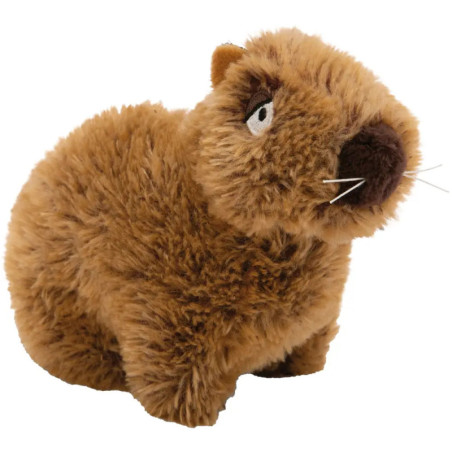 Plüschiges braunes Capybara-Spielzeug mit flauschigem Fell, rundem Körper und kleinen weißen Schnurrhaaren.