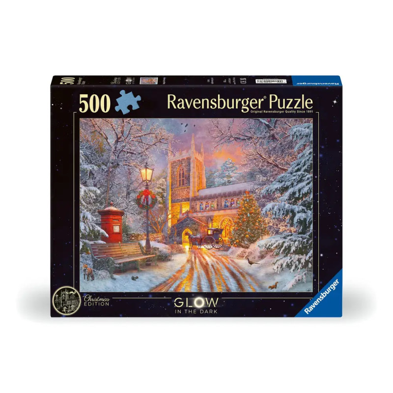Ravensburger Puzzle, 500 Teile: Winterliche Kirche mit warmem Licht und rotem Briefkasten auf der Verpackung. Ravensburger Puzzle, 500 Teile: Winterliche Kirche mit warmem Licht und rotem Briefkasten auf der Verpackung.