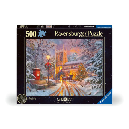 Ravensburger Puzzle, 500 Teile: Winterliche Kirche mit warmem Licht und rotem Briefkasten auf der Verpackung.