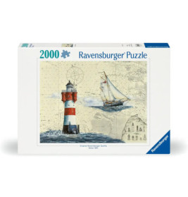 Ravensburger Puzzle mit 2000 Teilen: Das Motiv zeigt einen rot-weißen Leuchtturm und ein Segelboot auf dem Meer.