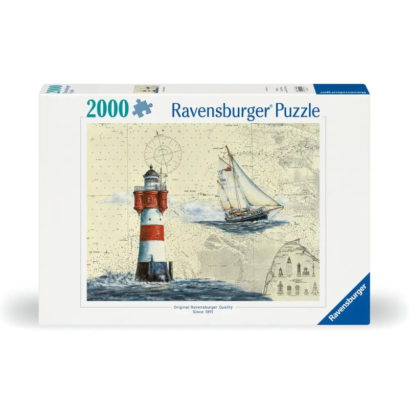 Ravensburger Puzzle mit 2000 Teilen: Das Motiv zeigt einen rot-weißen Leuchtturm und ein Segelboot auf dem Meer.