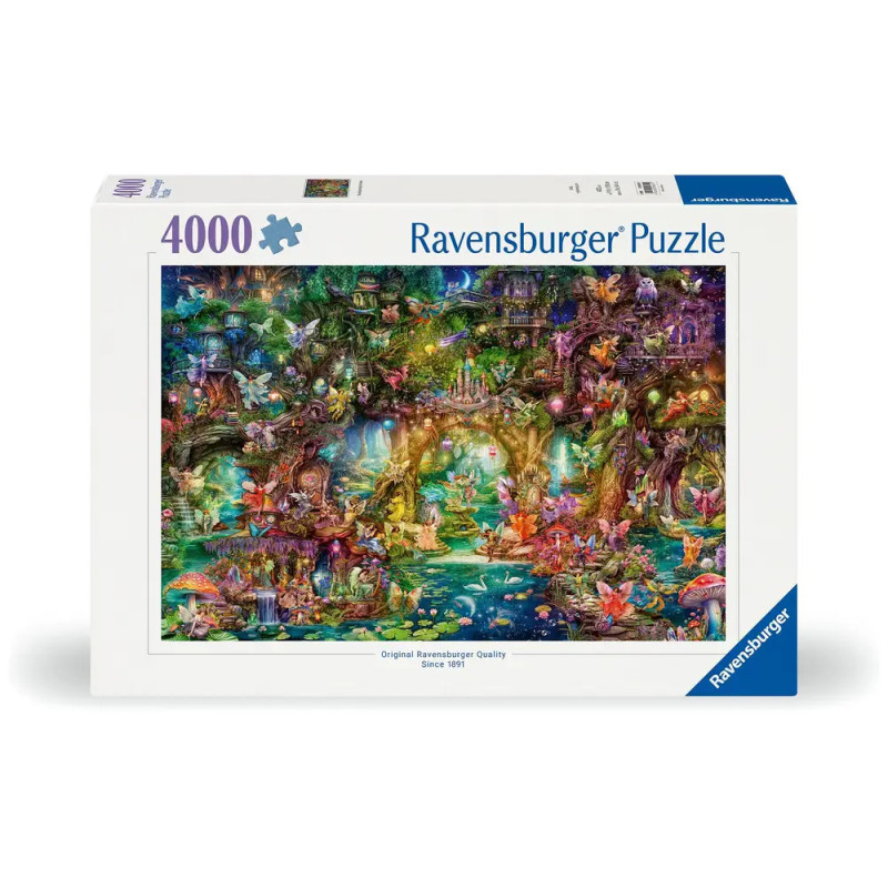 Ravensburger Puzzle mit 4000 Teilen: Magischer, farbenfroher Wald mit Feen und vielen bunten Details auf der Verpackung.