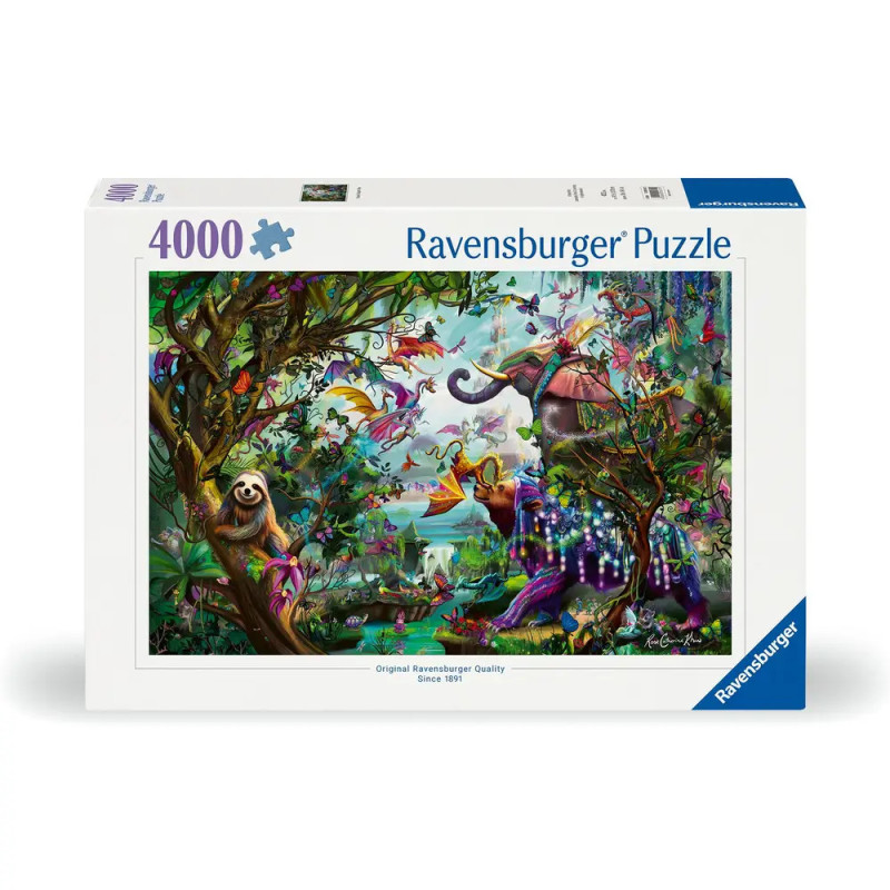 Ravensburger Puzzlebox mit 4000 Teilen, zeigt eine farbenfrohe Dschungelszene mit Tieren und üppiger Vegetation.