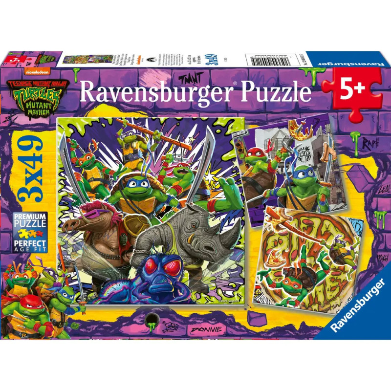 Ravensburger 12004012 Puzzle, Ninja Turtles, 3x49 Teile, für Kinder ab 5 Jahren, mit Helden und Schurken.