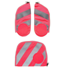 Drei neonpinke und graugestreifte Stoffstücke mit Reißverschlüssen und runden Klettverschlusspatches.