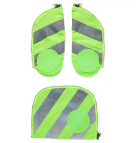 Drei neongrüne und graue Reißverschlusstaschen mit diagonalen Reflektorstreifen und runden Aufnähern.