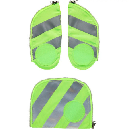 Drei neongrüne und graue Reißverschlusstaschen mit diagonalen Reflektorstreifen und runden Aufnähern.