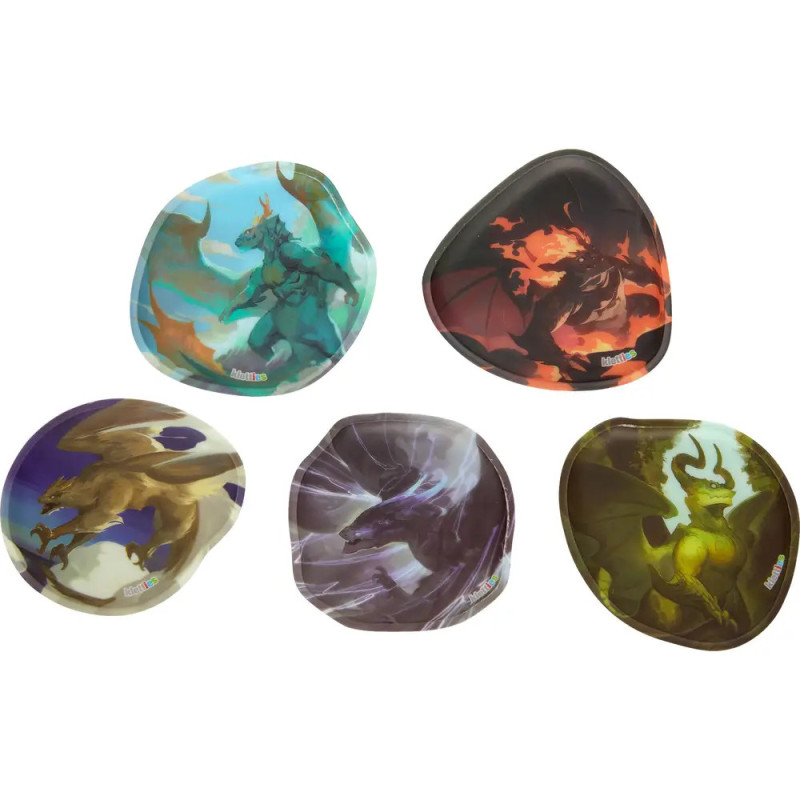 Fünf Mousepads mit jeweils unterschiedlichen, farbenfrohen Drachenmotiven auf der Oberfläche.