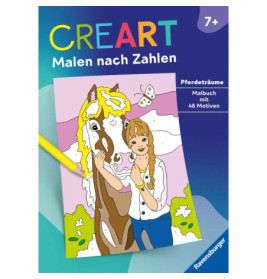 Malbuchcover mit Mädchen, Pferd, bunter Schrift und Pinsel. Für Kinder ab 7 Jahren geeignet.