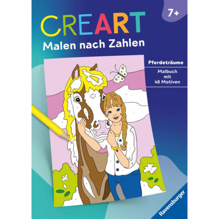 Malbuchcover mit Mädchen, Pferd, bunter Schrift und Pinsel. Für Kinder ab 7 Jahren geeignet.
