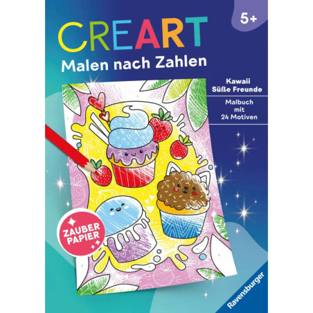 Farbenfrohes Malen-nach-Zahlen-Set mit Desserts wie Cupcakes und Erdbeeren, geeignet ab 5 Jahren.