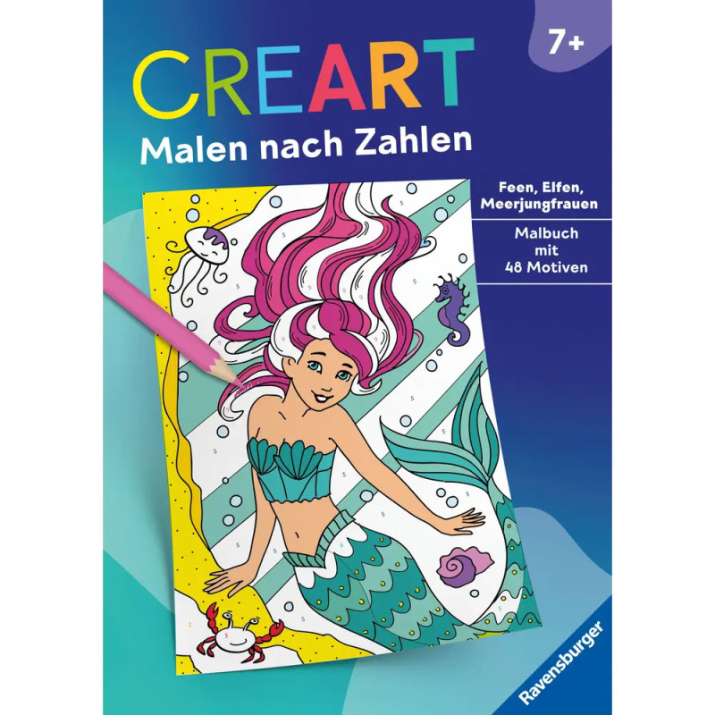 Cover eines Malen-nach-Zahlen-Buchs mit Meerjungfrau und dem Titel CREART Malen nach Zahlen.