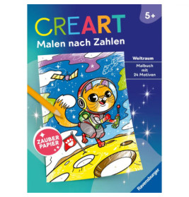 Cover eines deutschen Malbuchs: Katze im Raumanzug auf dem Mond, ein Stift koloriert das Bild.