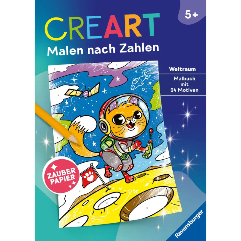 Cover eines deutschen Malbuchs: Katze im Raumanzug auf dem Mond, ein Stift koloriert das Bild.
