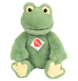 Grünes Plüsch-Froschspielzeug mit großen Augen, breitem Mund und Brustschild mit der Aufschrift Victoria.