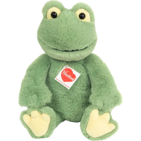 Grünes Plüsch-Froschspielzeug mit großen Augen, breitem Mund und Brustschild mit der Aufschrift Victoria.