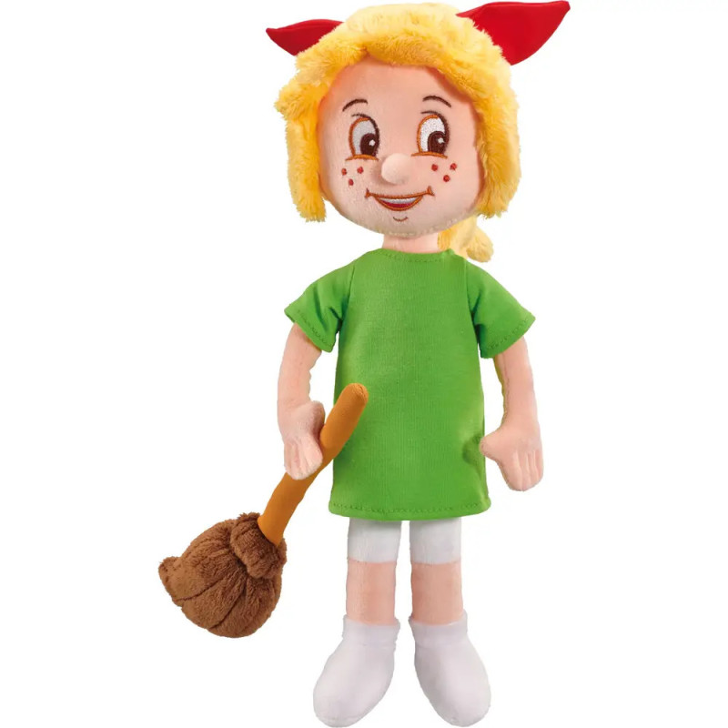 Plüschpuppe mit blondem Haar, roter Schleife, grünem Kleid und weißen Schuhen hält einen braunen Besen. Plüschpuppe mit blondem Haar, roter Schleife, grünem Kleid und weißen Schuhen hält einen braunen Besen.
