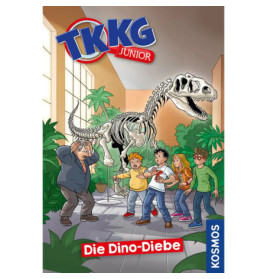 Cartoon-Kinder und ängstlicher Mann im Museum mit Dinosaurierskelett TKKG Junior Die Dino-Diebe auf dem Cover.