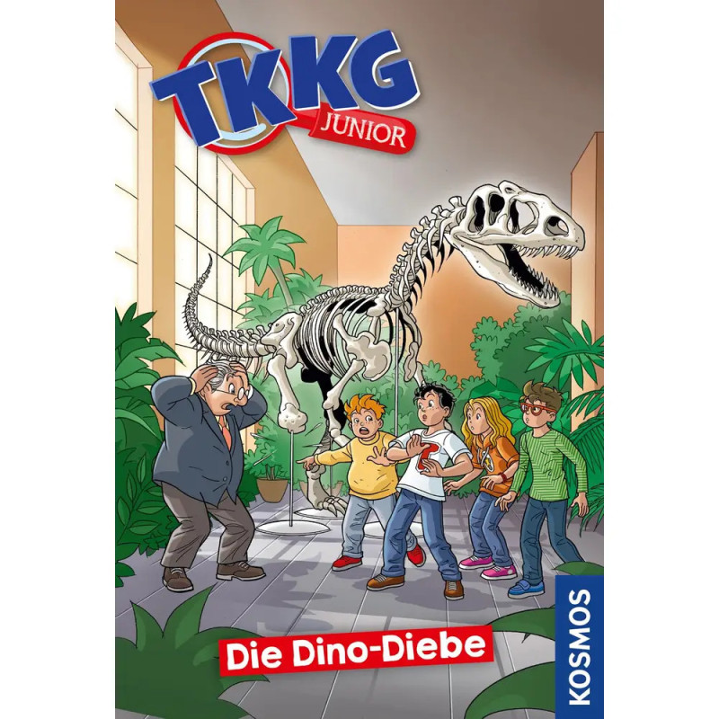 Cartoon-Kinder und ängstlicher Mann im Museum mit Dinosaurierskelett TKKG Junior Die Dino-Diebe auf dem Cover.
