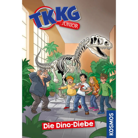 Cartoon-Kinder und ängstlicher Mann im Museum mit Dinosaurierskelett TKKG Junior Die Dino-Diebe auf dem Cover.