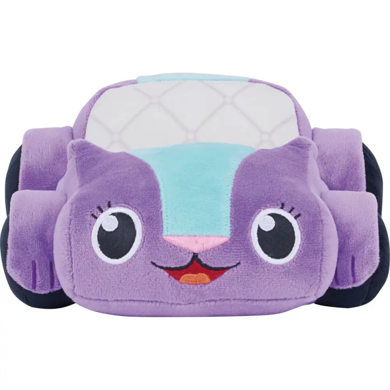 Lila Plüschauto mit Katzen-Gesicht, großen Augen und einem lächelnden Mund.