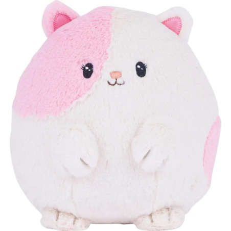 Rundes Plüschkatze mit weißem und rosa Fell, kleinen Ohren und gesticktem Gesicht sitzt aufrecht.