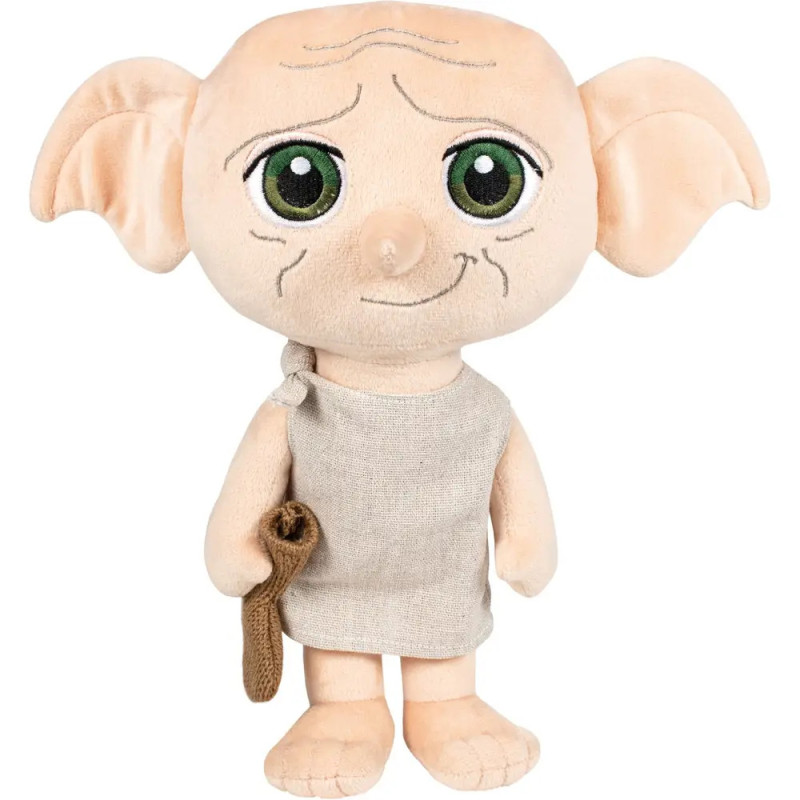 Plüschfigur von Dobby, dem Hauselfen aus Harry Potter, mit großen Ohren, grünen Augen und grauer Tunika.