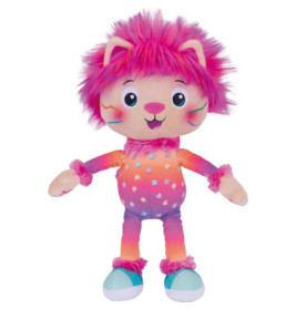 Kuscheltier-Katze mit rosa Fell, Regenbogenkörper und blauen Schuhen, lächelt mit bunten Wangen.
