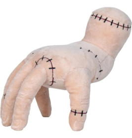 Weiches Plüschtier in Form einer Hand mit schwarzen Nähten und hellbeigem Stoff.