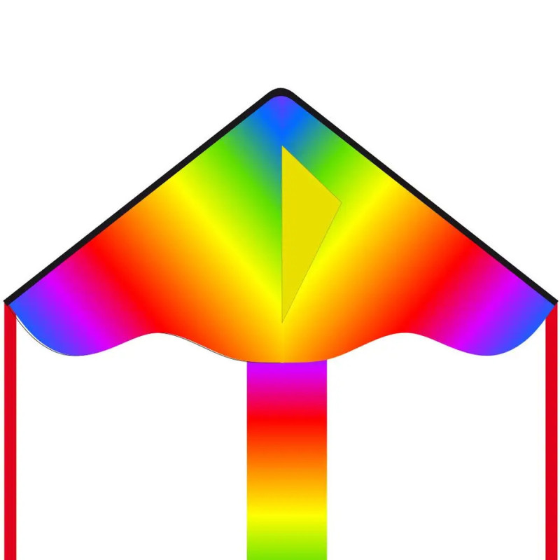 Ein rautenförmiger Drachen mit Regenbogenmuster und langem, buntem Schweif vor weißem Hintergrund.