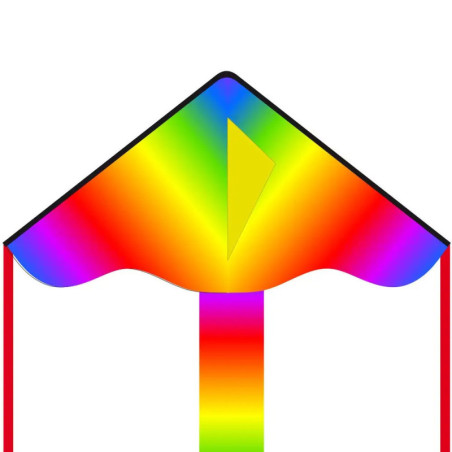 Ein rautenförmiger Drachen mit Regenbogenmuster und langem, buntem Schweif vor weißem Hintergrund.