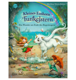 Ein Mädchen und ein Einhorn spielen am Meer unter einem Regenbogen, umgeben von Tieren und Muscheln.