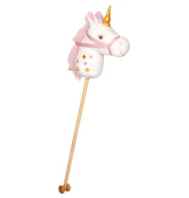 Plüsch-Einhorn-Steckenpferd mit rosa Details, goldenem Horn und Holzstiel auf Rädern.