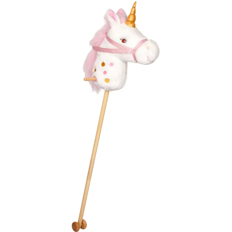 Plüsch-Einhorn-Steckenpferd mit rosa Details, goldenem Horn und Holzstiel auf Rädern.