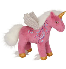 Rosa Plüscheinhorn mit weißen Flügeln, goldenen Hufen und Horn sowie weißer Mähne und Schweif.