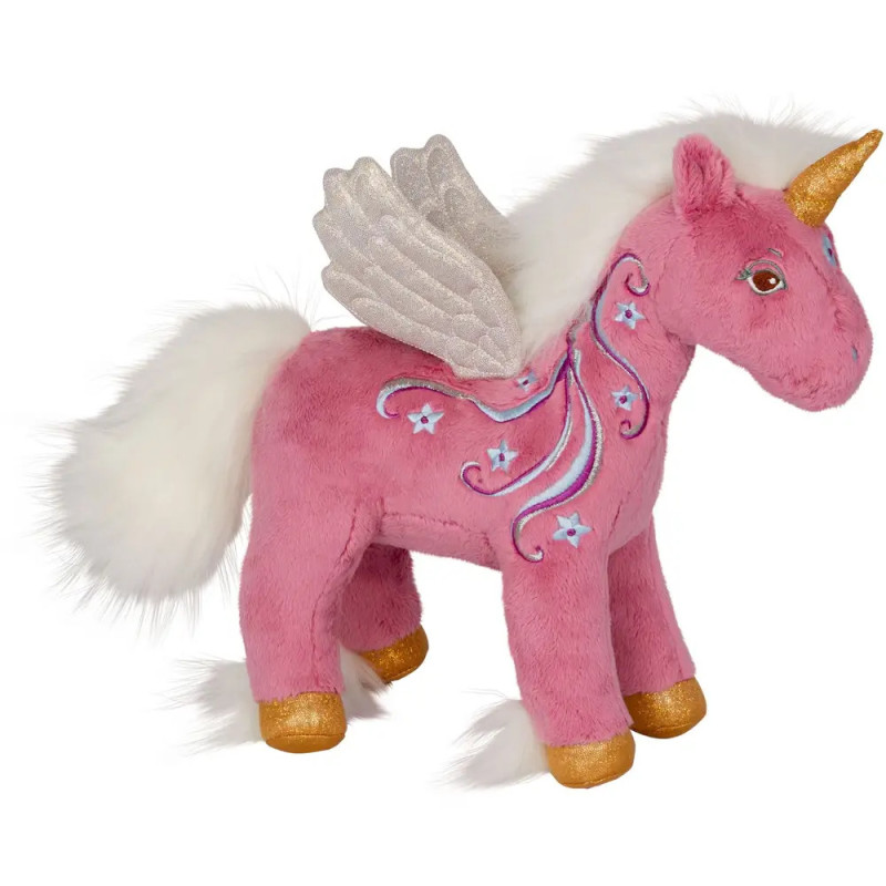 Rosa Plüscheinhorn mit weißen Flügeln, goldenen Hufen und Horn sowie weißer Mähne und Schweif.