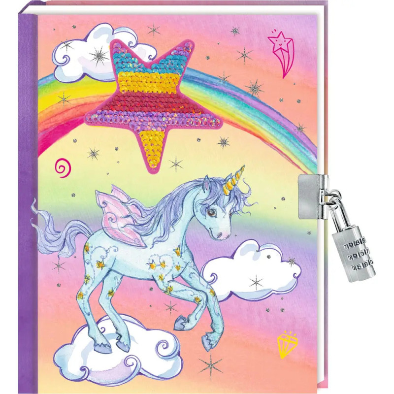 Pastellfarbenes Tagebuch mit Einhorn, Wolken, Paillettenstern und seitlichem Schloss.