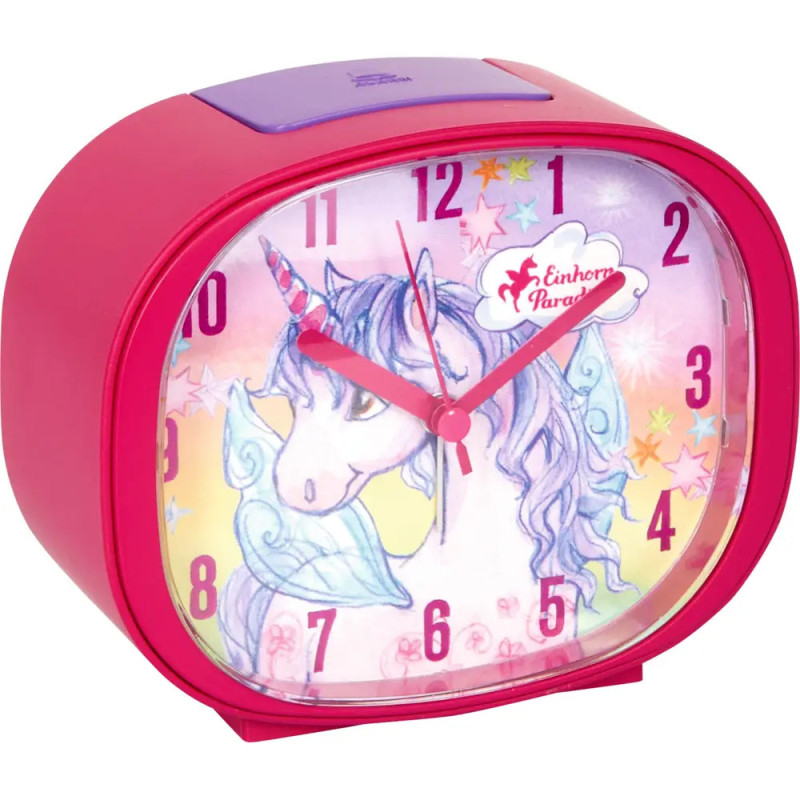 Rosa Wecker mit Einhornmotiv auf dem Zifferblatt sowie roten Stunden- und Minutenzeigern.