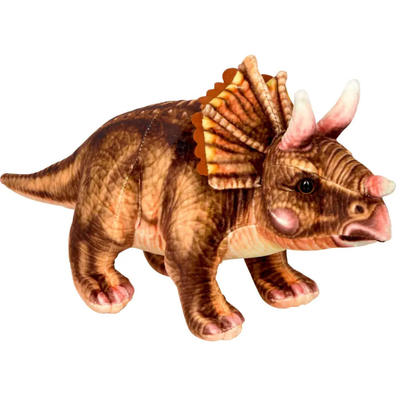 Ein Plüsch-Triceratops in Braun und Orange steht auf allen vieren.