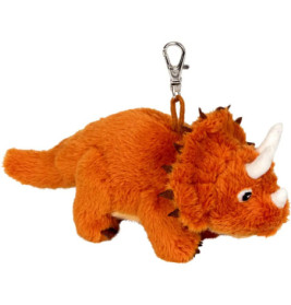 Plüschiger, orangefarbener Triceratops-Schlüsselanhänger mit weißen Hörnern und silbernem Verschluss.