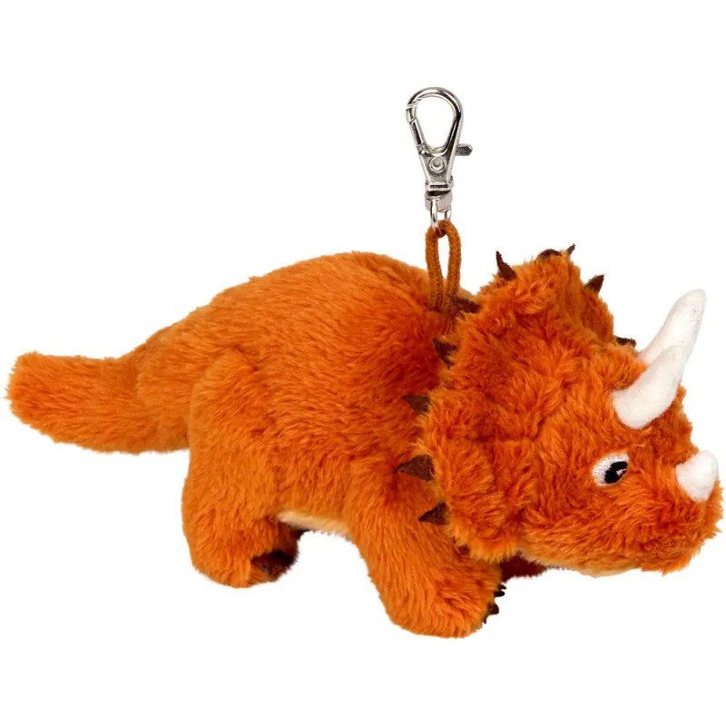 Plüschiger, orangefarbener Triceratops-Schlüsselanhänger mit weißen Hörnern und silbernem Verschluss.