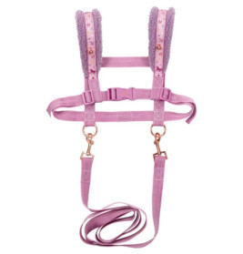 Rosa Geschirr mit gepolsterten Schulterriemen, Leinen, Tiermuster und Metallclips.