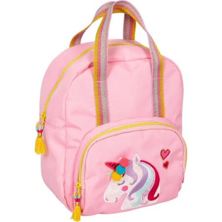 Rosa Kinder-Rucksack mit Einhorn-Motiv, regenbogenfarbenen Griffen und gelben Reißverschlüssen mit Quasten.