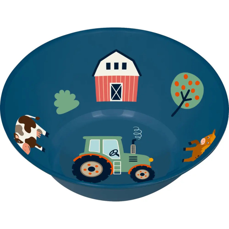 Blaue Schüssel mit Cartoon-Motiven: Scheune, Kuh, Pferd, Traktor, Baum und Busch.