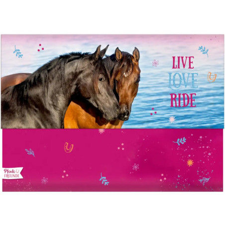 Zwei Pferde am Wasser, umgeben von pink-blauem Blumenmuster und dem Schriftzug LIVE LOVE RIDE.