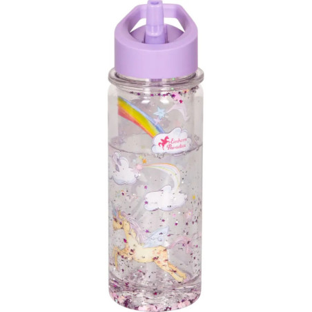 Durchsichtige Trinkflasche mit lilafarbener Kappe, verziert mit Einhorn, Regenbogen, Wolken und Sternen.