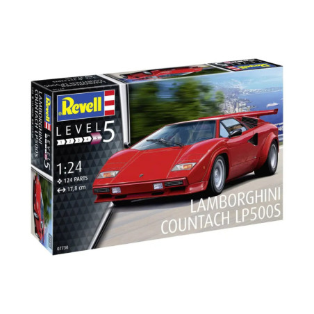 Revell Level 5 Lamborghini Countach LP500S Bausatz 1:24, Karton mit rotem Sportwagen abgebildet.