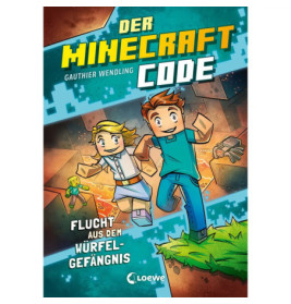 Zwei animierte Figuren springen in einer pixeligen Minecraft-Welt auf ein deutsches Buchcover.