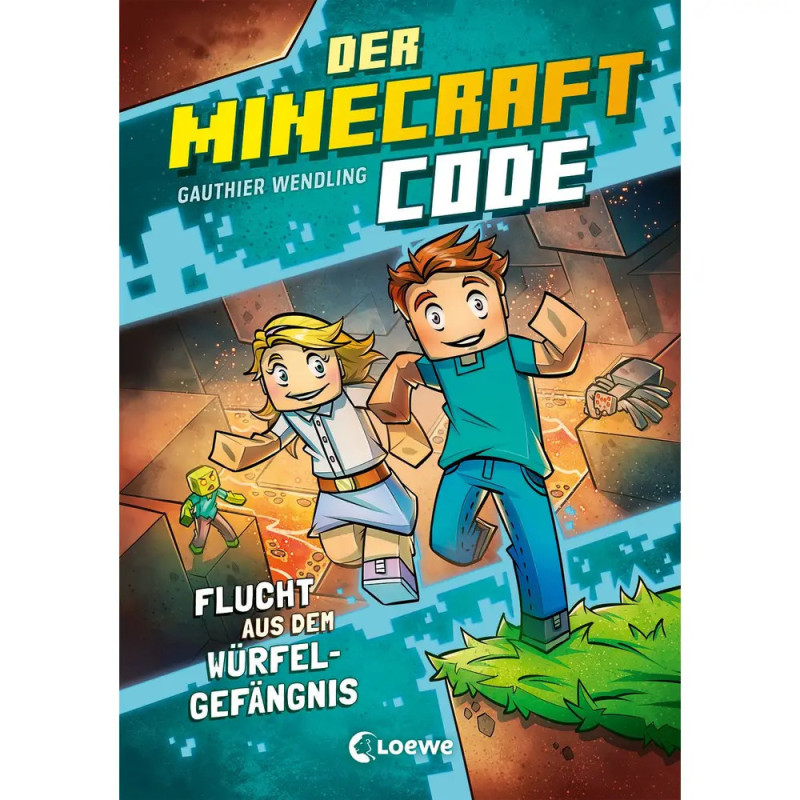 Zwei animierte Figuren springen in einer pixeligen Minecraft-Welt auf ein deutsches Buchcover.
